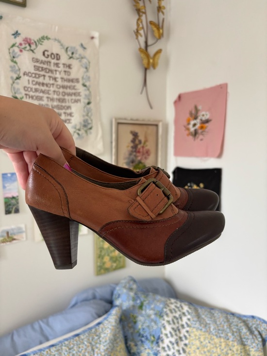 Shoes - Brown Two-Tone Buckle office siren Heeled Oxford platform heels